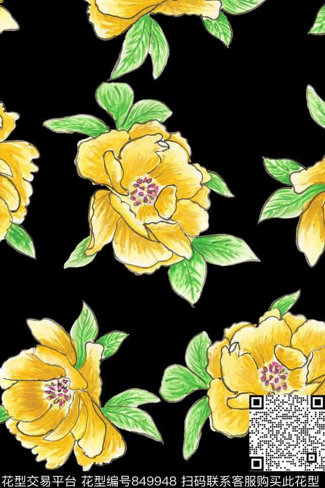 女装手绘水彩花卉时尚数码印花华亿平台下载（图片编号: 849948） - 瓦栏（Walan）