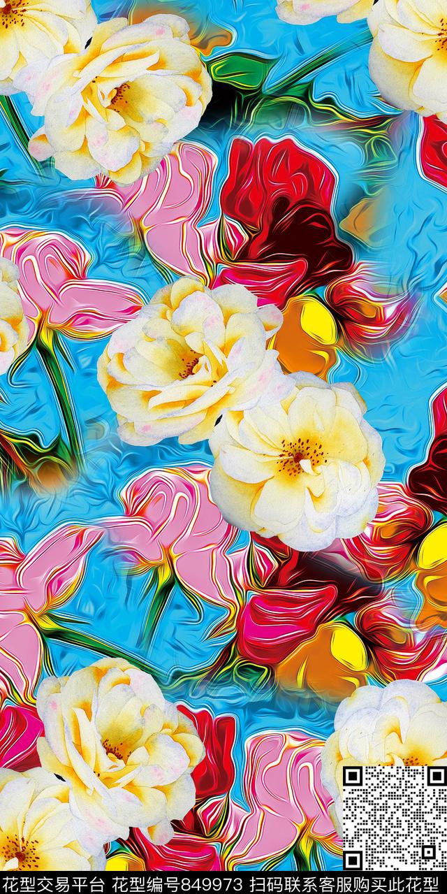 玉兰花三色堇牡丹数码印花华亿平台下载（图片编号: 849973） - 瓦栏（Walan）