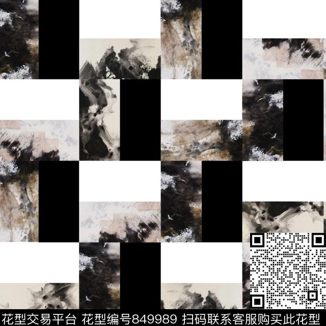 抽象几何黑白数码印花华亿平台下载（图片编号: 849989） - 瓦栏（Walan）