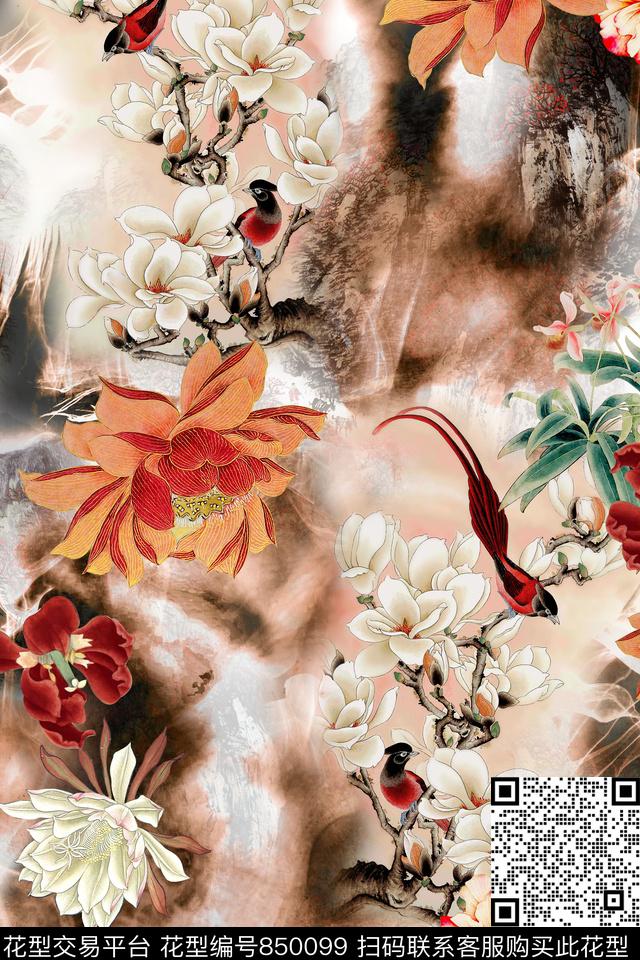 中国风肌理荷花数码印花华亿平台下载（图片编号: 850099） - 瓦栏（Walan）