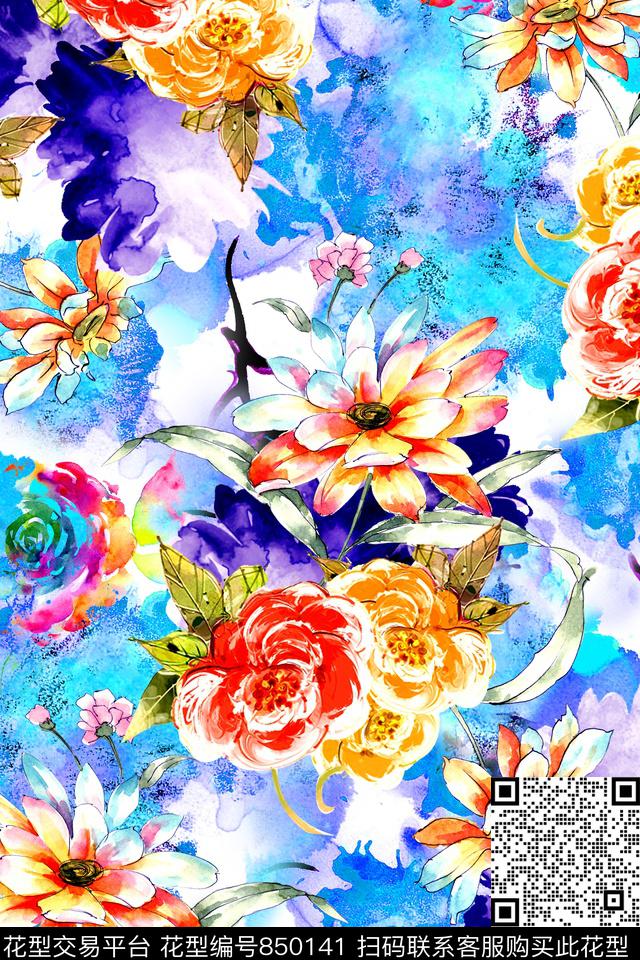 时尚手绘水彩数码印花华亿平台下载（图片编号: 850141） - 瓦栏（Walan）
