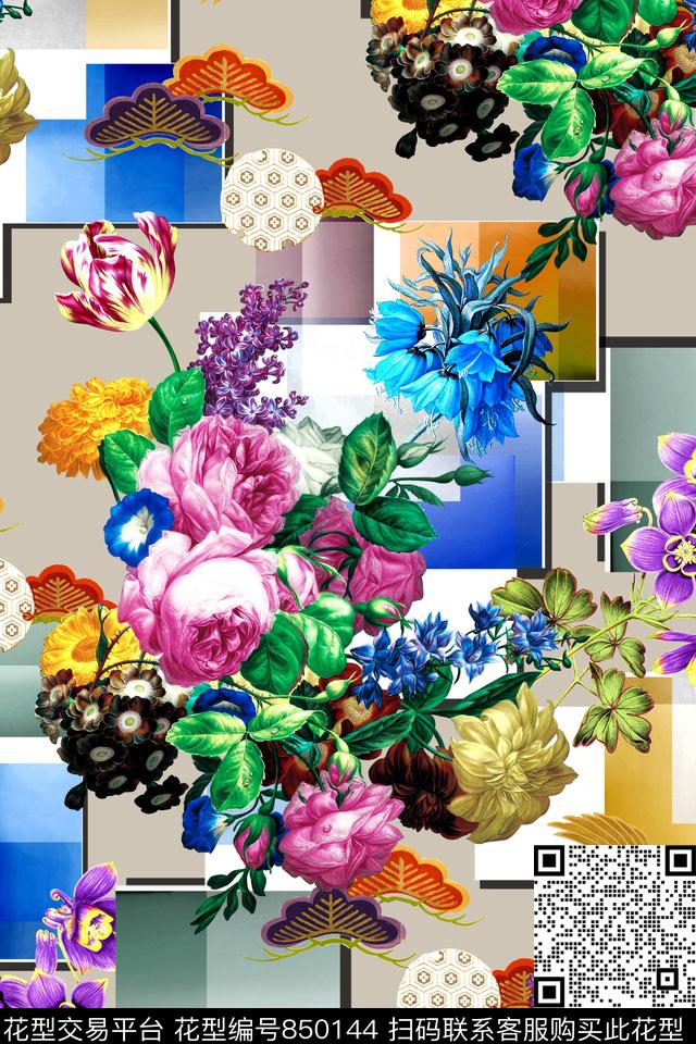 时尚手绘几何数码印花华亿平台下载（图片编号: 850144） - 瓦栏（Walan）