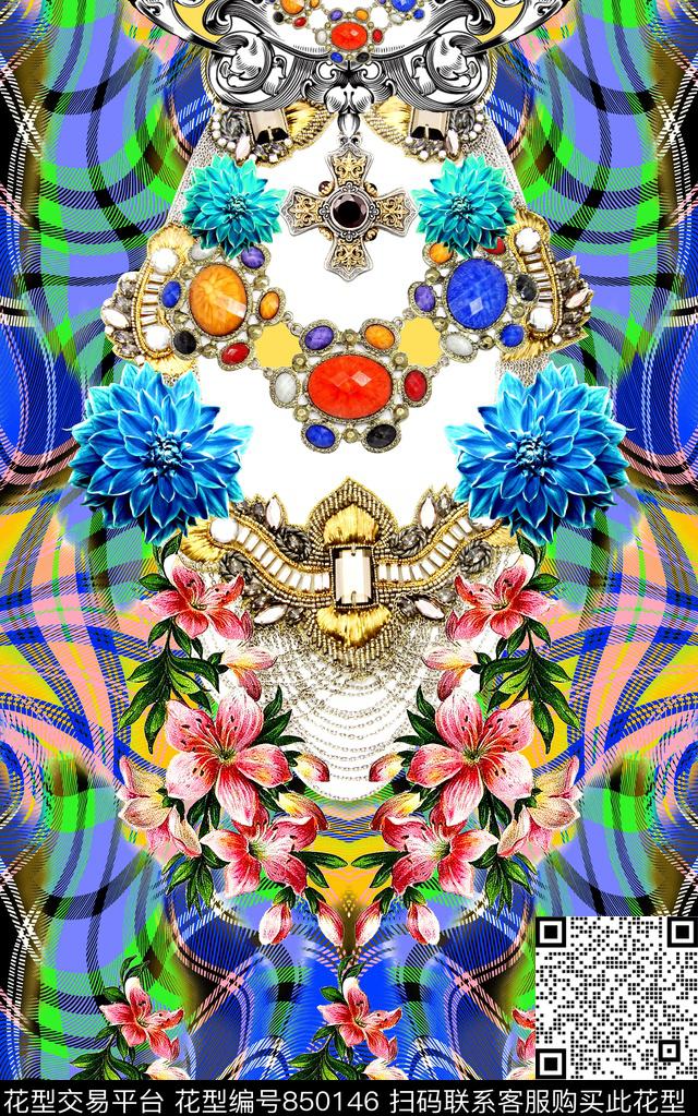 时尚手绘格子数码印花华亿平台下载（图片编号: 850146） - 瓦栏（Walan）