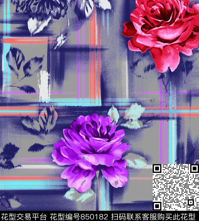 苏格兰格花瓣花朵传统印花华亿平台下载（图片编号: 850182） - 瓦栏（Walan）