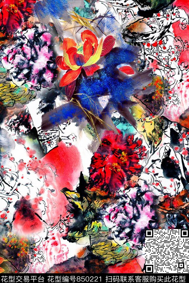 抽象花卉荷花数码印花华亿平台下载（图片编号: 850221） - 瓦栏（Walan）