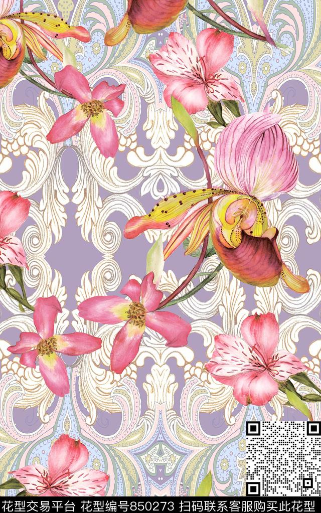 水彩花朵花卉数码印花华亿平台下载（图片编号: 850273） - 瓦栏（Walan）