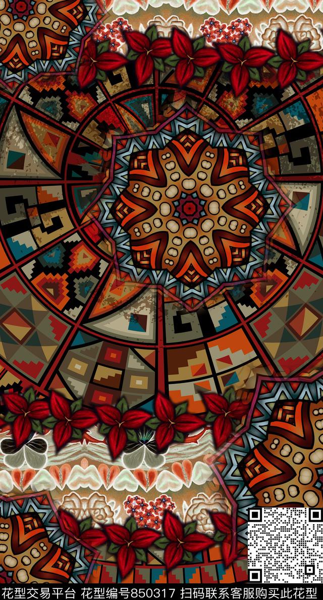 中国风花卉波西米亚数码印花华亿平台下载（图片编号: 850317） - 瓦栏（Walan）