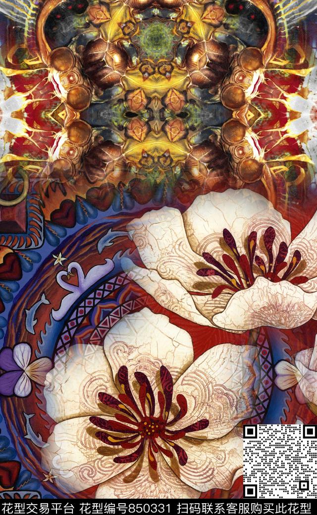 花卉波西米亚民族风数码印花华亿平台下载（图片编号: 850331） - 瓦栏（Walan）