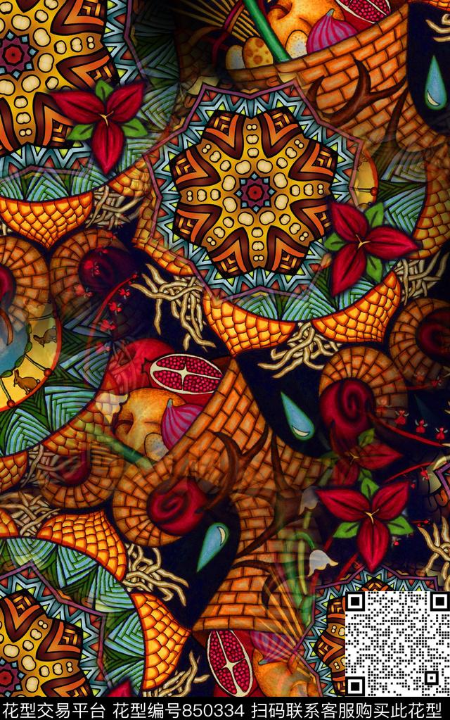花卉民族风中国风数码印花华亿平台下载（图片编号: 850334） - 瓦栏（Walan）