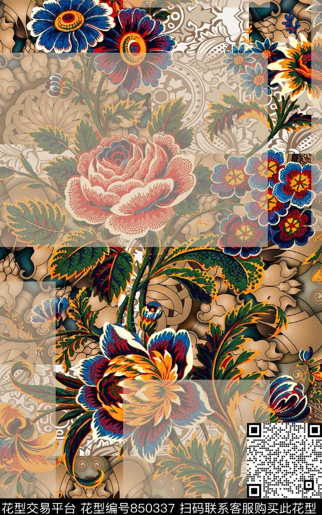 花卉民族风中国风数码印花华亿平台下载（图片编号: 850337） - 瓦栏（Walan）