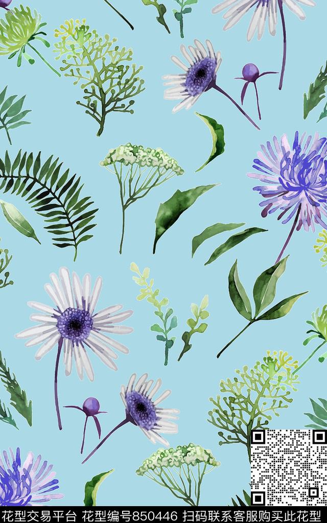 小清新风格手绘花卉乱花数码印花华亿平台下载（图片编号: 850446） - 瓦栏（Walan）