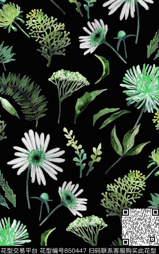 小清新风格手绘花卉乱花数码印花华亿平台下载（图片编号: 850447） - 瓦栏（Walan）