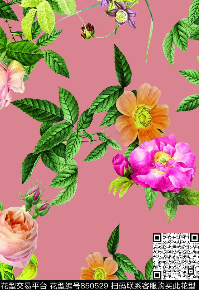 大花牡丹玫瑰数码印花华亿平台下载（图片编号: 850529） - 瓦栏（Walan）