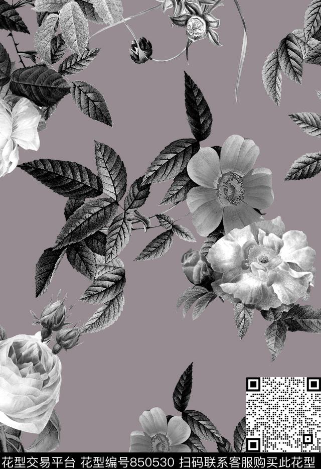 大花牡丹玫瑰数码印花华亿平台下载（图片编号: 850530） - 瓦栏（Walan）