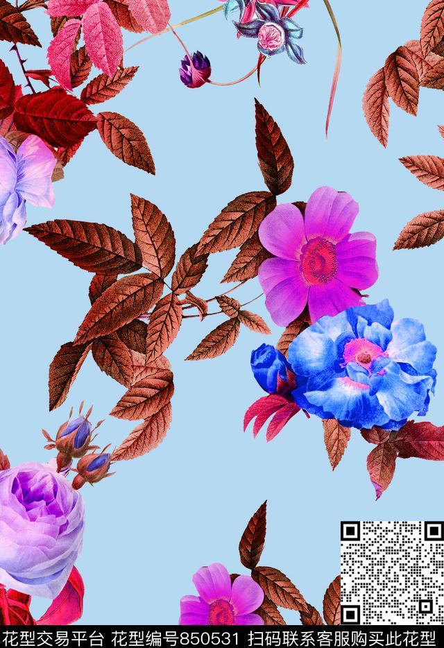 大花牡丹玫瑰数码印花华亿平台下载（图片编号: 850531） - 瓦栏（Walan）