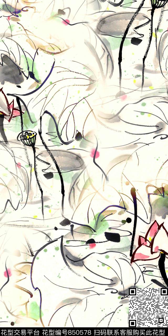 中国风数码华亿平台荷花数码印花华亿平台下载（图片编号: 850578） - 瓦栏（Walan）