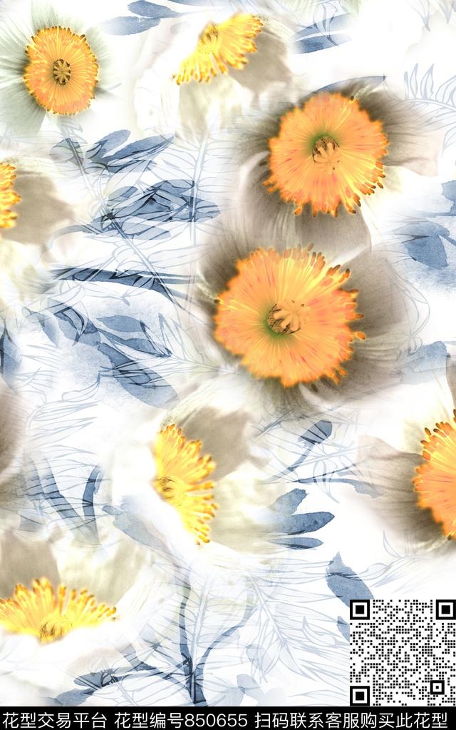 大花花朵花卉数码印花华亿平台下载（图片编号: 850655） - 瓦栏（Walan）