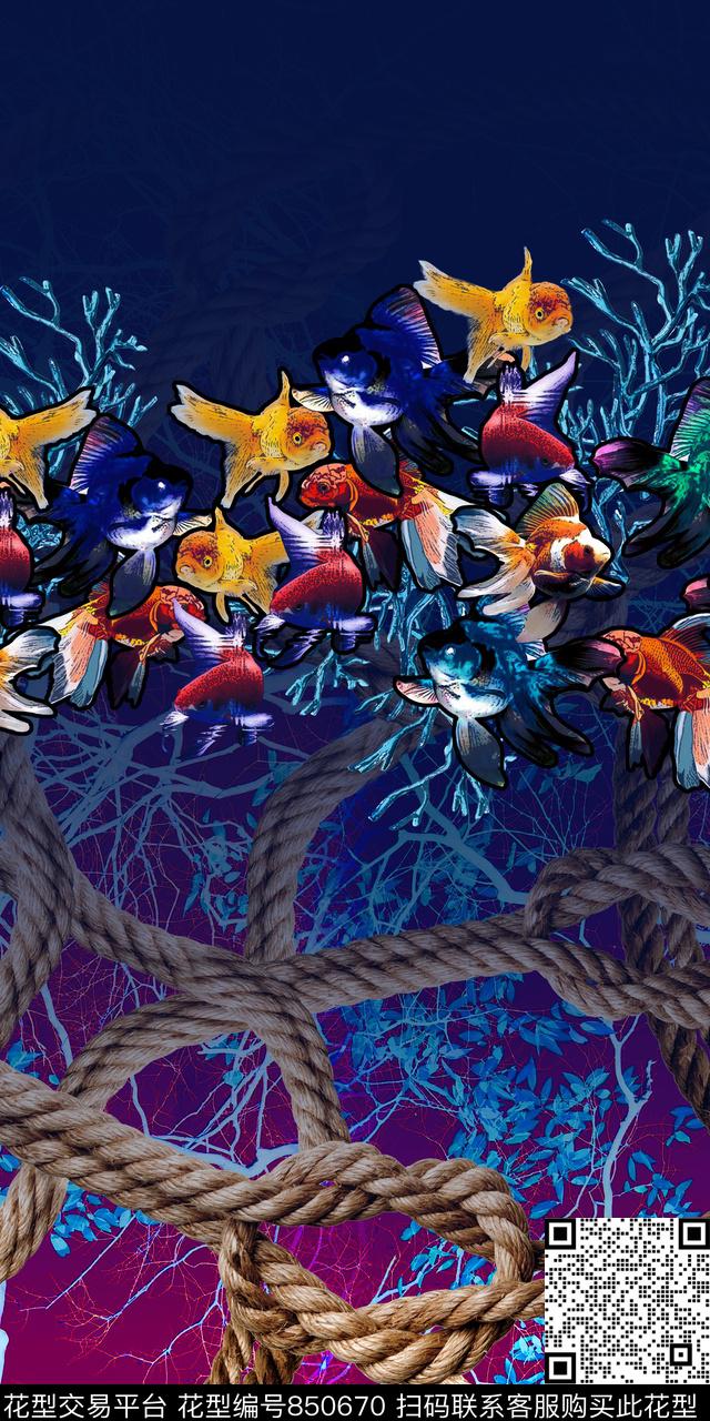 色块线条鱼数码印花华亿平台下载（图片编号: 850670） - 瓦栏（Walan）