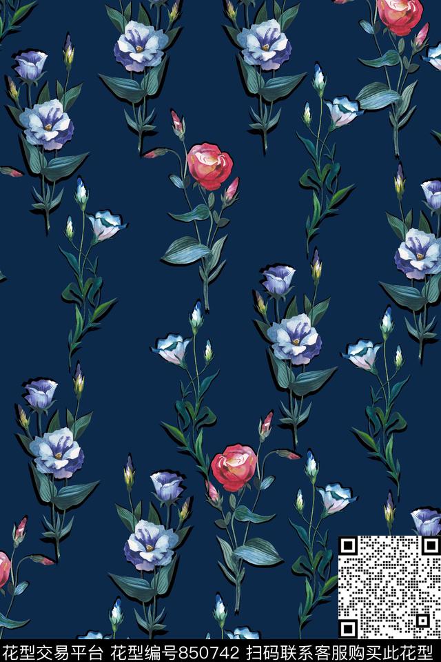 手绘花卉红色玫瑰花朵数码印花华亿平台下载（图片编号: 850742） - 瓦栏（Walan）