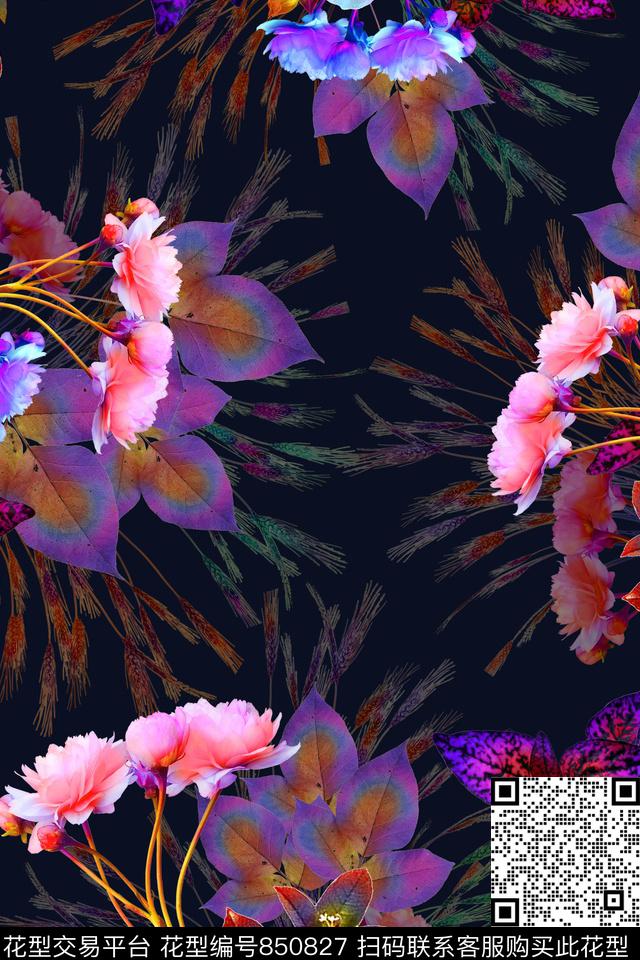 中国风树枝花卉数码印花华亿平台下载（图片编号: 850827） - 瓦栏（Walan）