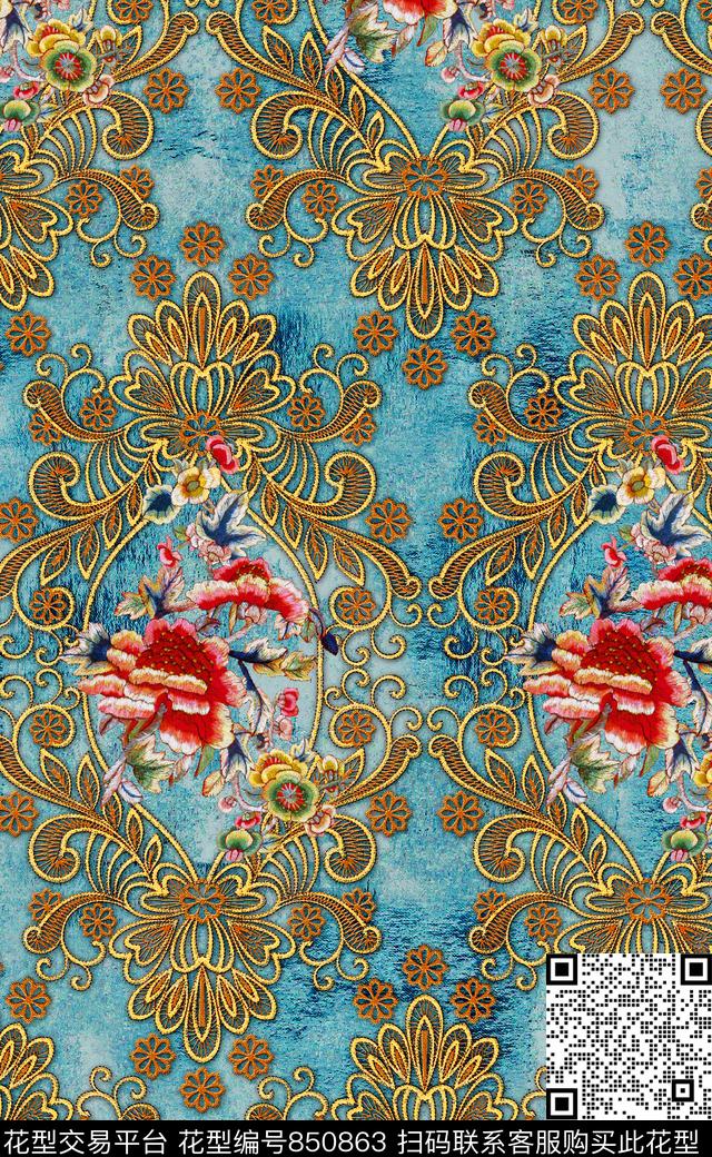 绣花刺绣欧式花纹数码印花华亿平台下载（图片编号: 850863） - 瓦栏（Walan）
