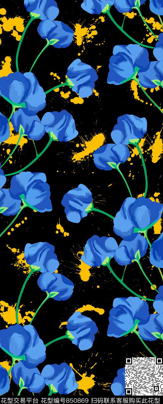 zara风格泼墨花卉数码印花华亿平台下载（图片编号: 850869） - 瓦栏（Walan）