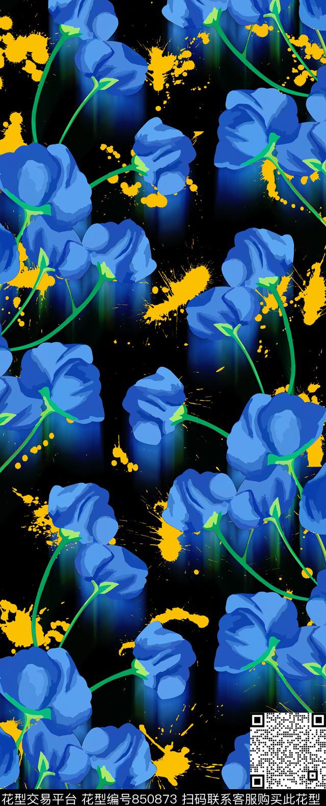 zara风格泼墨花卉数码印花华亿平台下载（图片编号: 850873） - 瓦栏（Walan）