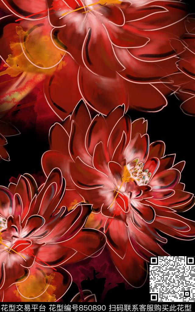 大花花朵花卉数码印花华亿平台下载（图片编号: 850890） - 瓦栏（Walan）