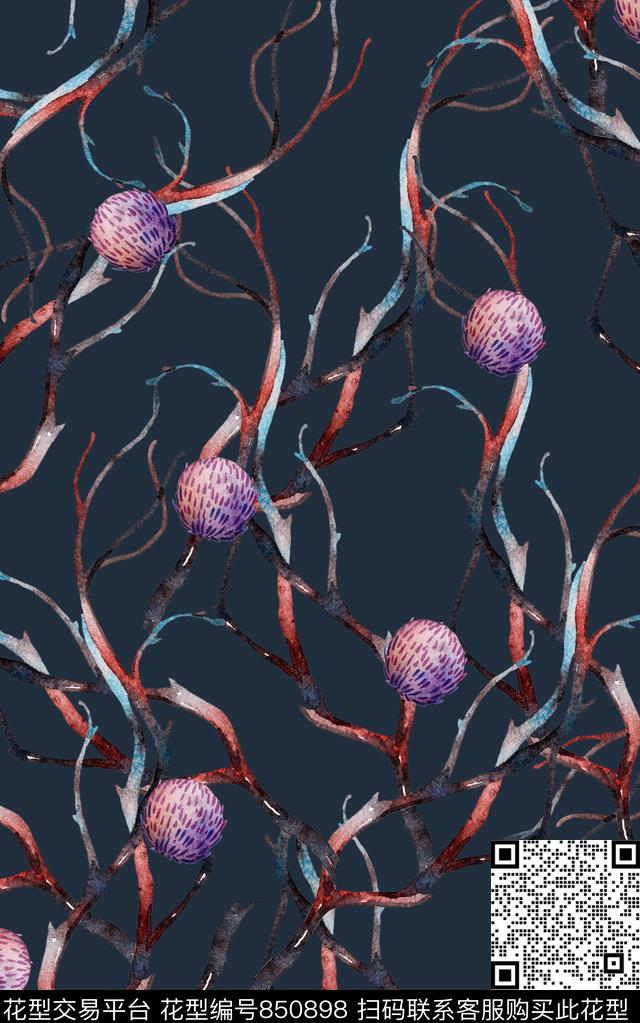 花卉枝条几何数码印花华亿平台下载（图片编号: 850898） - 瓦栏（Walan）