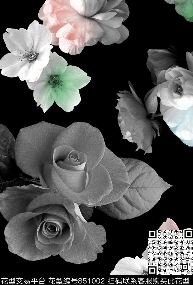 大花荷花玫瑰数码印花华亿平台下载（图片编号: 851002） - 瓦栏（Walan）
