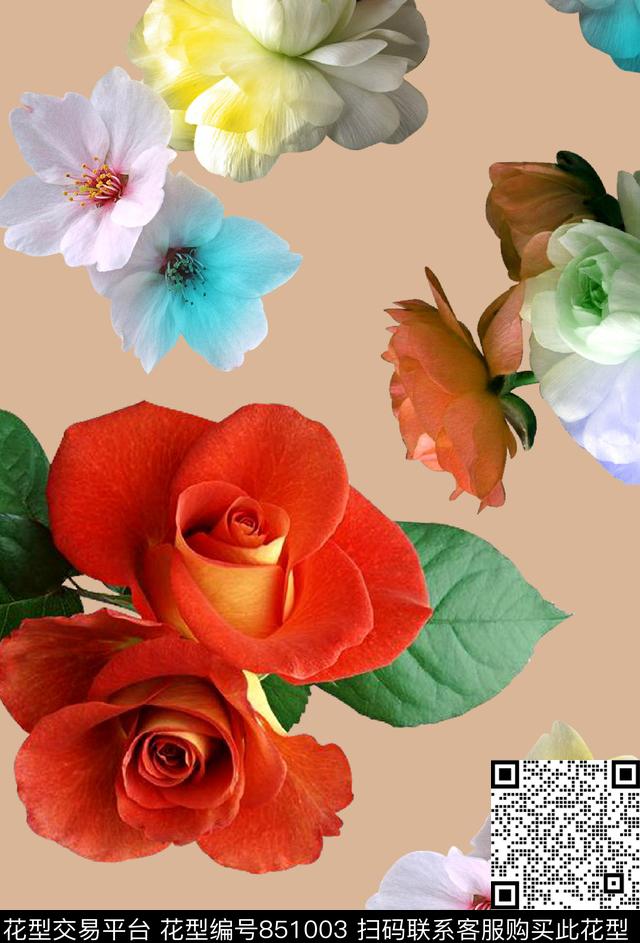大花荷花玫瑰数码印花华亿平台下载（图片编号: 851003） - 瓦栏（Walan）
