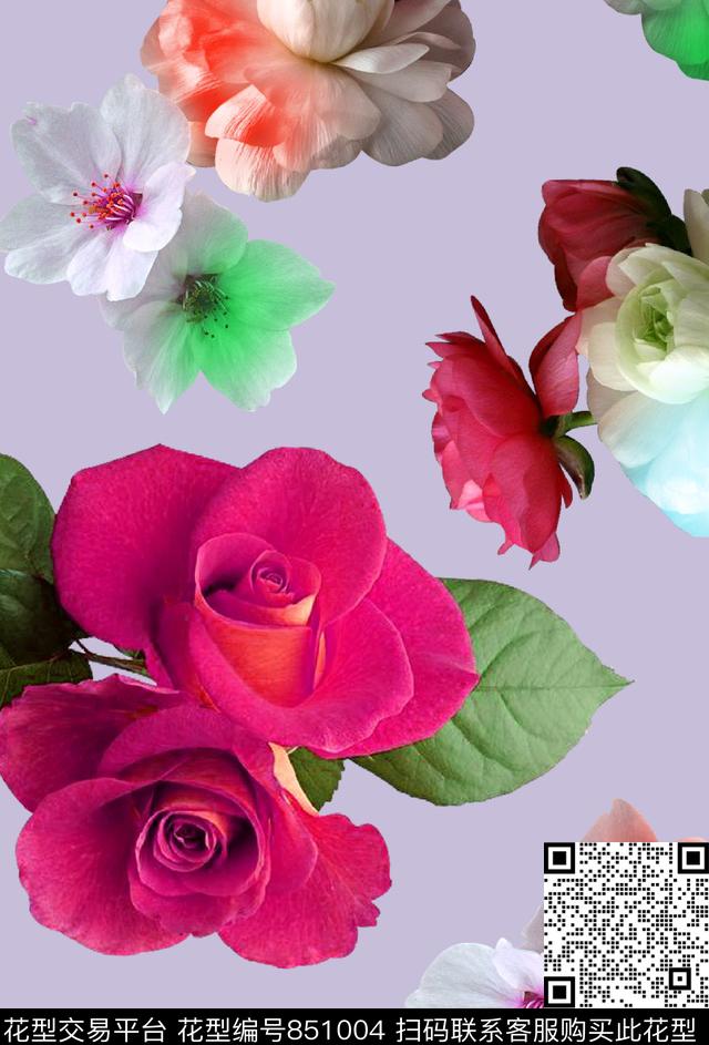 大花荷花玫瑰数码印花华亿平台下载（图片编号: 851004） - 瓦栏（Walan）