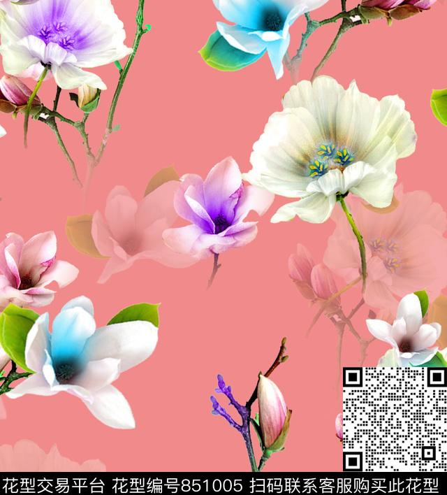 花朵百合大花数码印花华亿平台下载（图片编号: 851005） - 瓦栏（Walan）