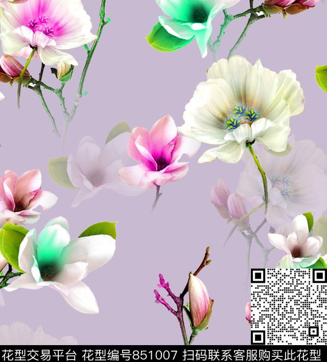 花朵百合大花数码印花华亿平台下载（图片编号: 851007） - 瓦栏（Walan）