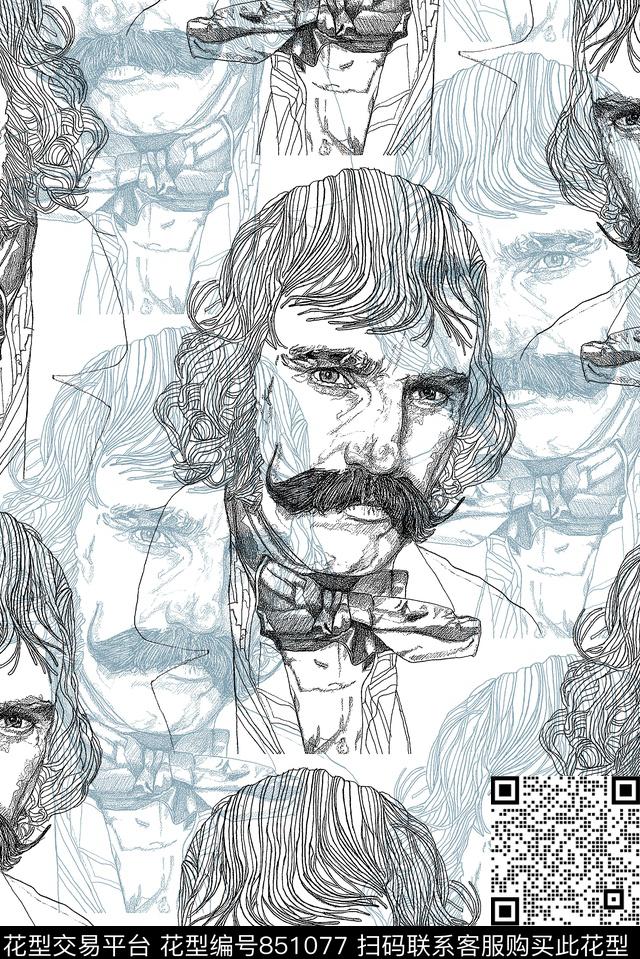 人物头像线条纹理男装T恤华亿平台传统印花华亿平台下载（图片编号: 851077） - 瓦栏（Walan）