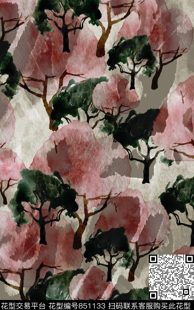 水彩肌理朦胧枝条数码印花华亿平台下载（图片编号: 851133） - 瓦栏（Walan）