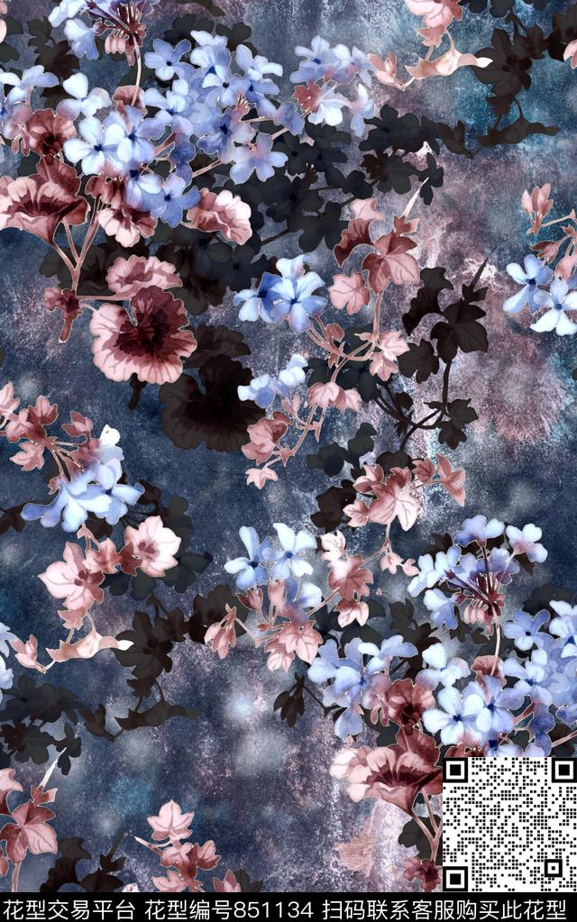 花卉水彩肌理朦胧数码印花华亿平台下载（图片编号: 851134） - 瓦栏（Walan）