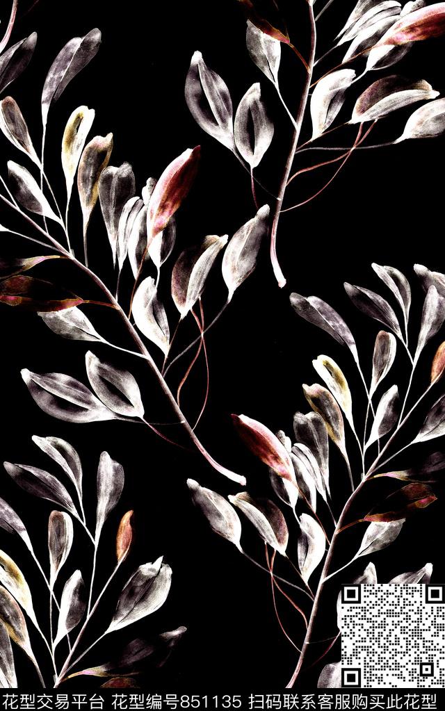 花卉花朵叶子数码印花华亿平台下载（图片编号: 851135） - 瓦栏（Walan）
