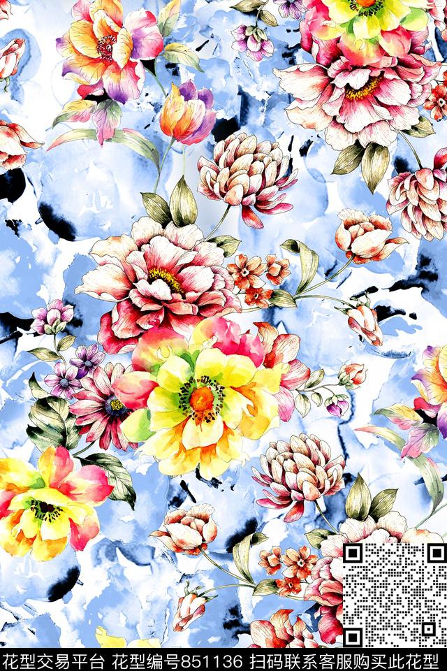 时尚手绘水彩数码印花华亿平台下载（图片编号: 851136） - 瓦栏（Walan）