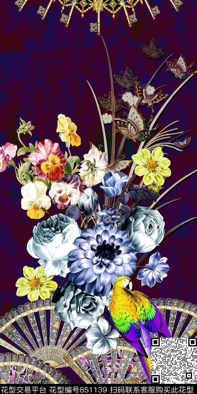 时尚花卉扇子数码印花华亿平台下载（图片编号: 851139） - 瓦栏（Walan）