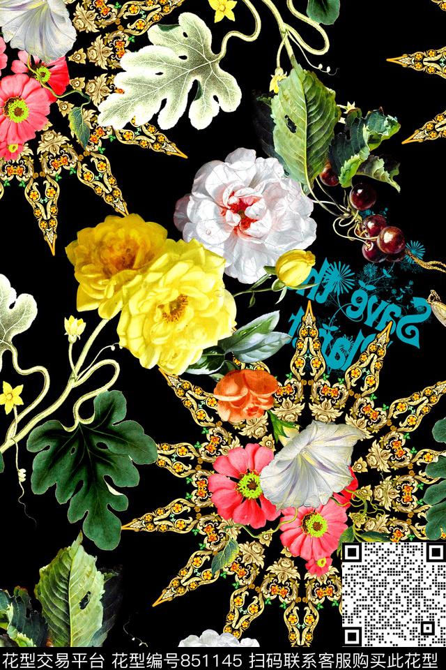 时尚手绘花卉数码印花华亿平台下载（图片编号: 851145） - 瓦栏（Walan）