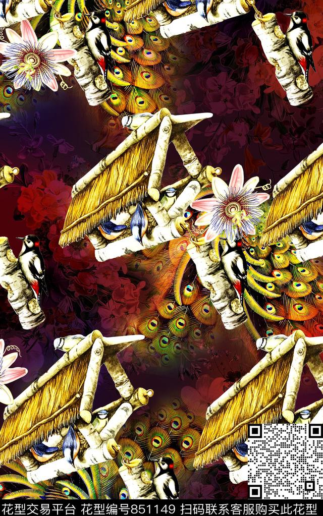 休闲花卉羽毛数码印花华亿平台下载（图片编号: 851149） - 瓦栏（Walan）