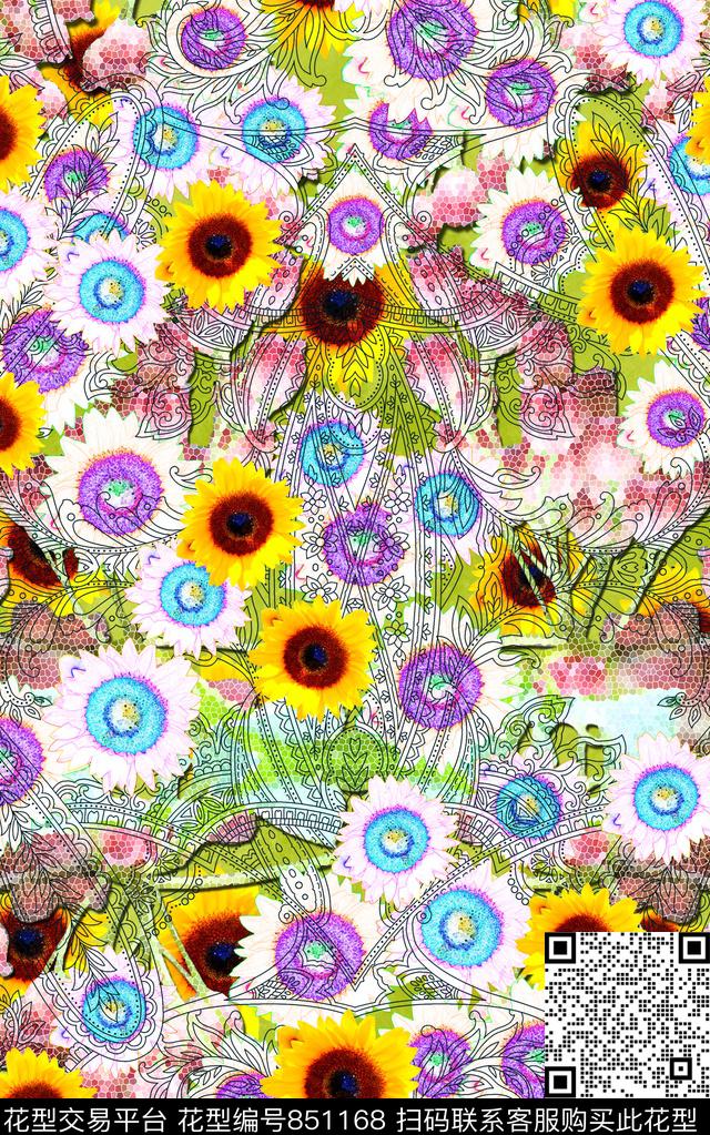 向日葵花卉满版散花数码印花华亿平台下载（图片编号: 851168） - 瓦栏（Walan）