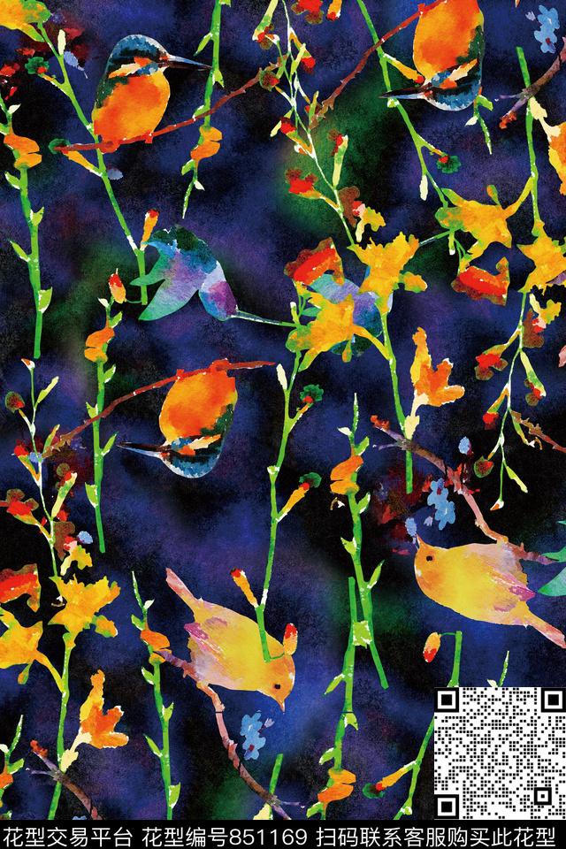 艳丽小鸟手绘数码印花华亿平台下载（图片编号: 851169） - 瓦栏（Walan）