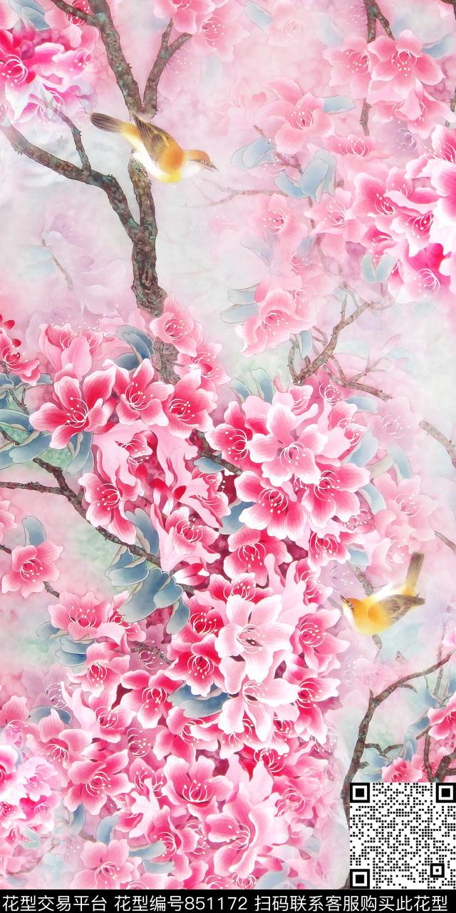 中国风水墨印花花鸟数码印花华亿平台下载（图片编号: 851172） - 瓦栏（Walan）