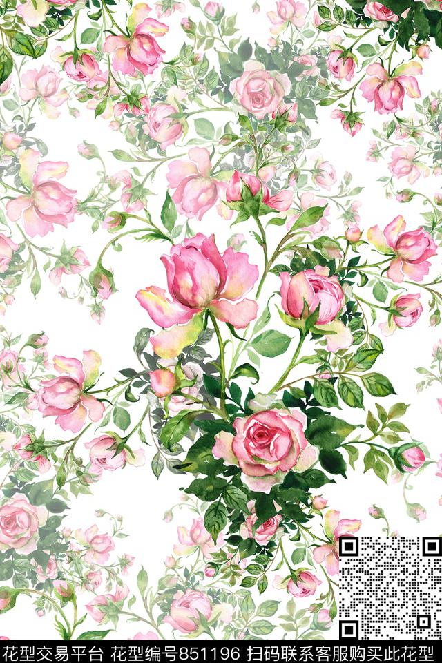 手绘花卉玫瑰小清新数码印花华亿平台下载（图片编号: 851196） - 瓦栏（Walan）
