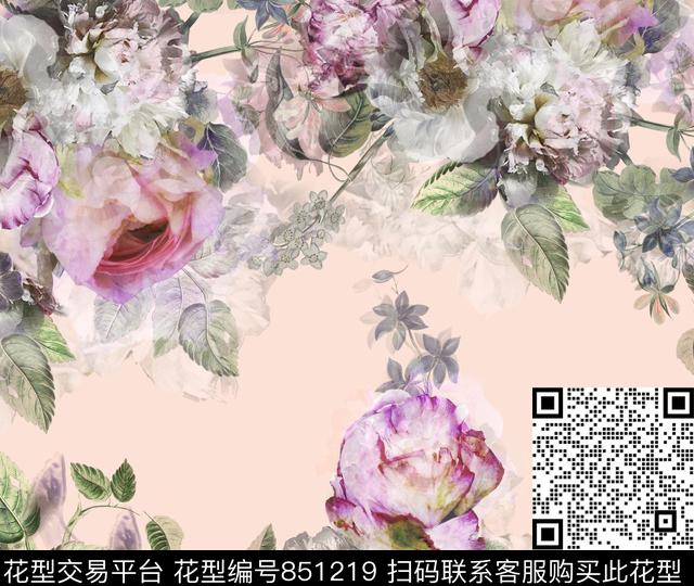 花瓣玫瑰大花数码印花华亿平台下载（图片编号: 851219） - 瓦栏（Walan）