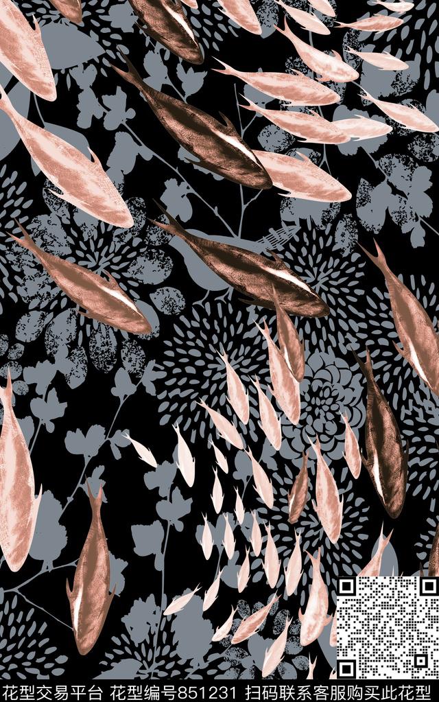 鱼群花卉色块传统印花华亿平台下载（图片编号: 851231） - 瓦栏（Walan）