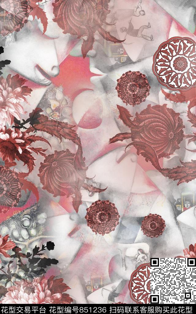 波西米亚卷草纹民族风数码印花华亿平台下载（图片编号: 851236） - 瓦栏（Walan）