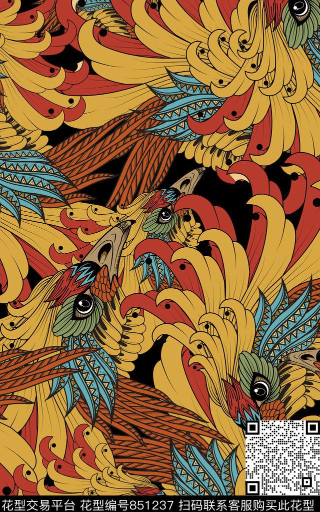 云纹中国风凤凰传统印花华亿平台下载（图片编号: 851237） - 瓦栏（Walan）